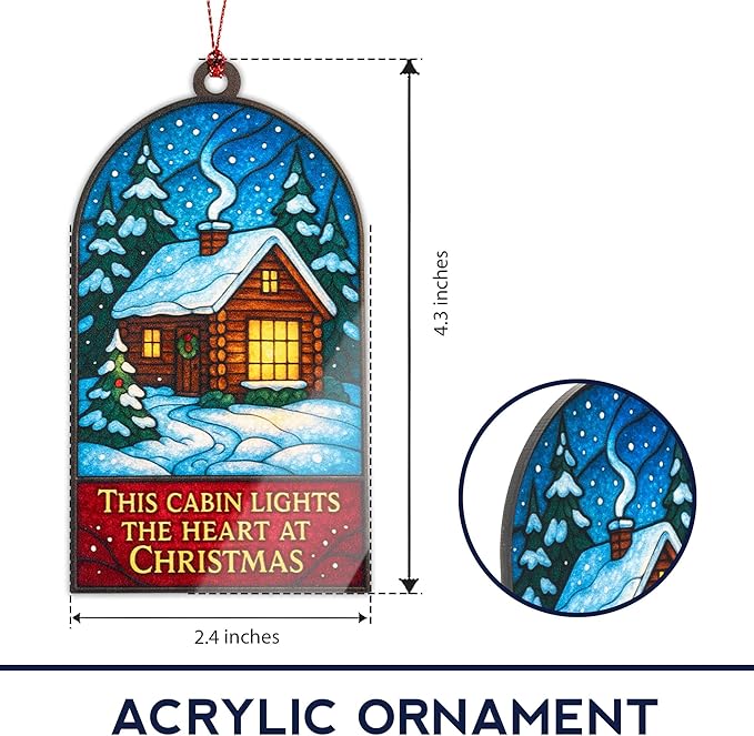 Christmas Cabin Ornament – Rustic Winter Lodge | Holiday Home Décor – Cozy Cabin Gift – Snowy Woodland Scene Card – Christmas Tree Decoration – Suncatcher Effect Window – Car Hanging