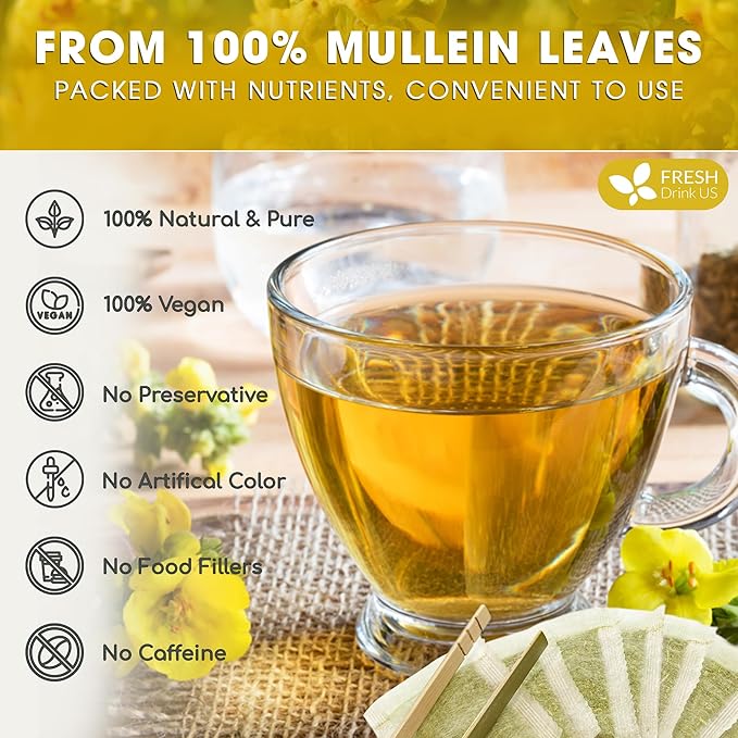 FreshDrinkUS, Premium 25 Mullein Leaf Tea For Lungs, Lung Detox Tea, Great Tea For Lung, Handmade, 100% Natural & Pure, Mullein Tea, Lung Detox For Smokers, No Sugar, No Caffeine, No Gluten, Vegan