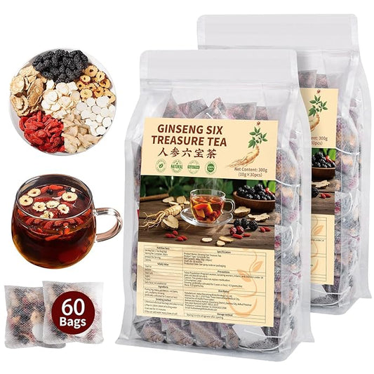 Kidney Tea Formula Ginseng Six Treasure Tea - Natural Chinese Traditional Herbal Ginseng Five Treasures Kidney Detox Cleanse Teabag For Men Women (60 Bags/2 Pack)