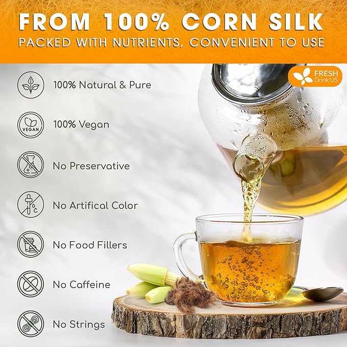 FreshDrinkUS, Premium 75 Tea Bags Corn Silk Tea, 100% Natural & Pure from Corn Silk. Corn Silk Herbal Tea. Clean Ingredients. Made with Natural Material Tea Bags. No Sugar, No Caffeine, Vegan.