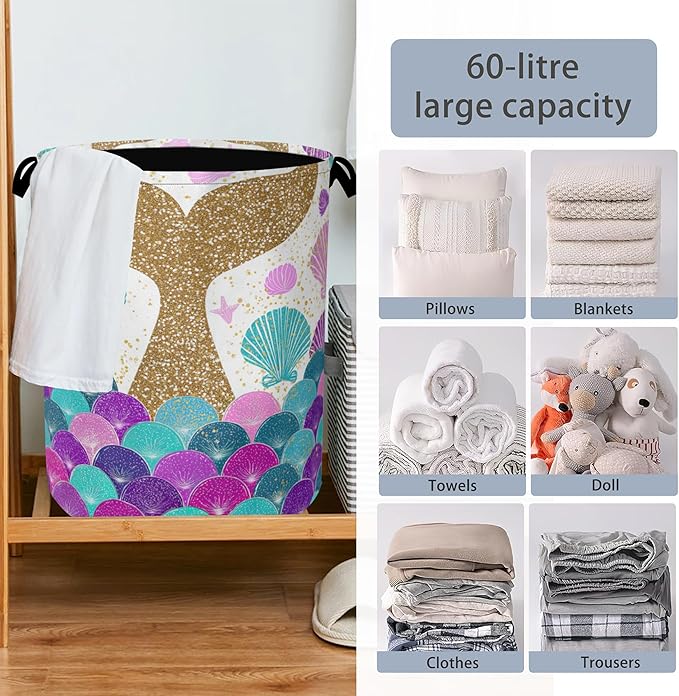 Fish Scales Laundry Basket,Mermaids Seashell Foldable Oxford Cloth Tote Bag Laundry Hamper Clothes Storage Bucket Organizer for Bedroom Laundry Storage Dormitories 16" x 20.8"
