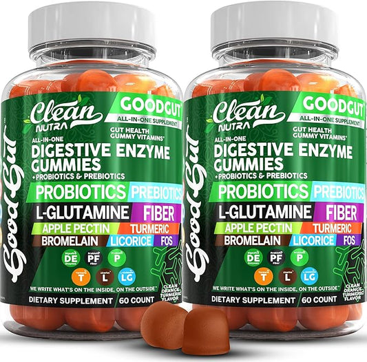 Digestive Enzymes with Probiotics and Prebiotics For Digestive Health Gummies + L-Glutamine For Gut Health Bromelain Turmeric Licorice Fiber Apple Pectin Inulin FOS Plant Pased Vegan Gummy Vitamins