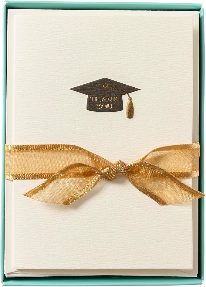 Graphique Grad Cap La Petite Presse Boxed Notecards, 10 Embellished Gold Foil Blank Cards with Matching Envelopes and Storage Box, 3.25" x 4.75"