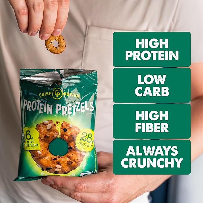 Crisp Power Protein Pretzels, Everything, High Protein Vegan Keto Snack, 28 G Plant Based Protein, Low Carb Crunchy Pretzel Snacks, Sugar Free, No Seed Oils, 1.75 oz Bags, 24 Pack