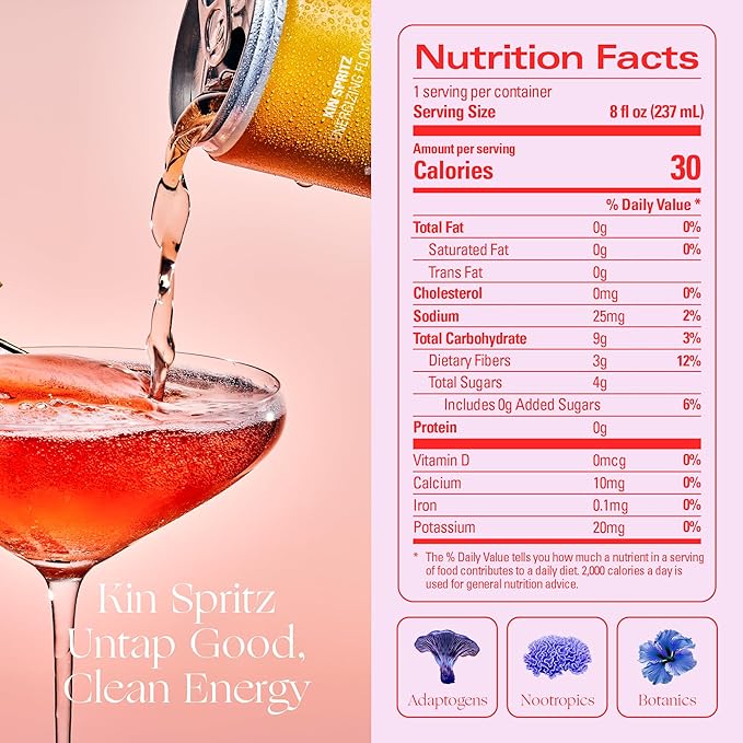 Kin Euphorics Kin Spritz Non-Alcoholic Functional Beverage | Invigorating Booster | Adaptogen & Nootropic Drink | Rhodiola Rosea, 5-HTP, GABA | Ready to Drink | 8 Fl Oz (24pk)