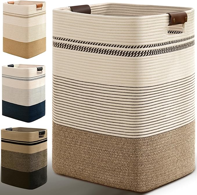 Laundry Hamper, 95L Tall Laundry Basket with Leather Handles, Rectangle Large Clothes Hamper for Organizing, Cotton Woven Laundry Baskets Storage Hampers for Bedroom, Nursery, Living Room