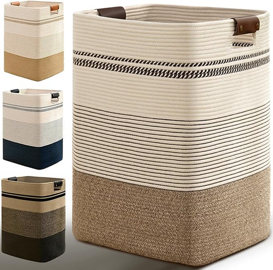 Laundry Hamper, 95L Tall Laundry Basket with Leather Handles, Rectangle Large Clothes Hamper for Organizing, Cotton Woven Laundry Baskets Storage Hampers for Bedroom, Nursery, Living Room