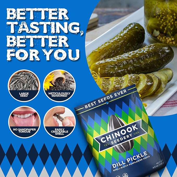 Chinook Seedery Roasted Sunflower Seeds - Jumbo Seeds Keto Snacks - Best For Snack Packs - Gluten Free, Non GMO Snack Food Gifts - 4 Ounce (Pack of 3) - Dill Pickle Flavor Pack