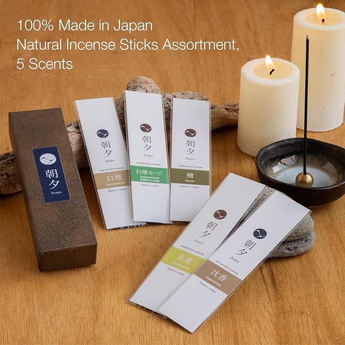 Asayu Japan Incense Sticks Assortment - 5 Natural Fragrances, 20g, 100% Made in Japan Incense Sampler Variety Pack - for Yoga, Zen Meditation & Relaxation