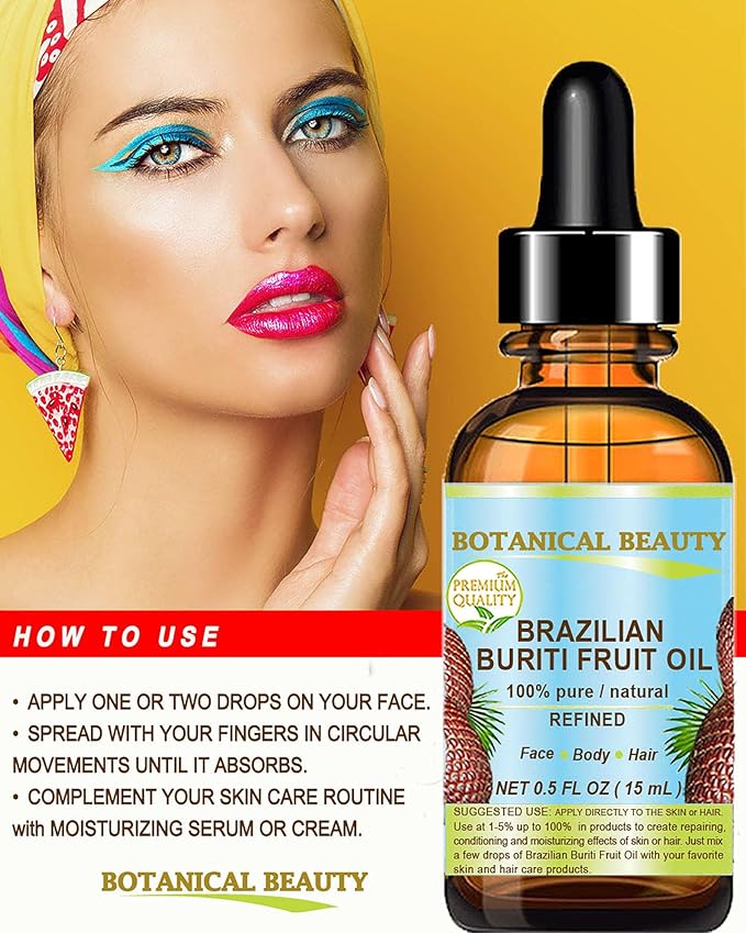 Botanical Beauty Brazilian BURITI FRUIT OIL 100% Pure Natural Refined Cold Pressed Carrier Oil Undiluted 0.5 Fl Oz - 15 ml for Face, Skin, Body, Hair, Nails