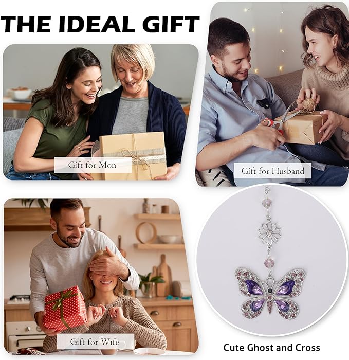 Car Mirror Hanging Accessories - Purple Butterfly Crystal Rhinestone Pendant for Rear View Mirror, Cute Car Interior Accessory for Women, Gift for Driver Mom Friends