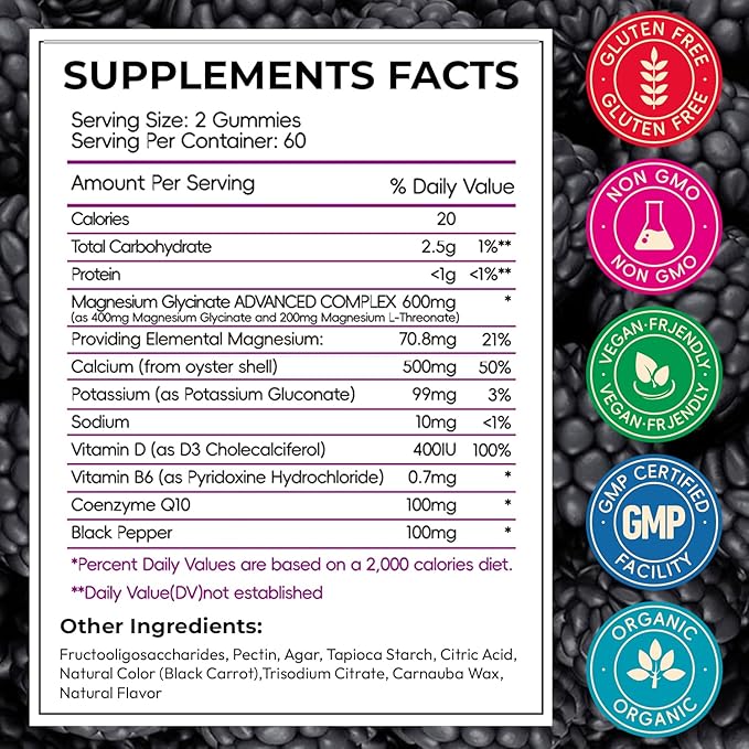 Magnesium Glycinate Gummies for Adults, High Absorption Magnesium and Potassium Gummies with L-Threonate, Calcium, B6, D3, Sugar Free Chews, Relaxation, Stress Relief, Night Rest