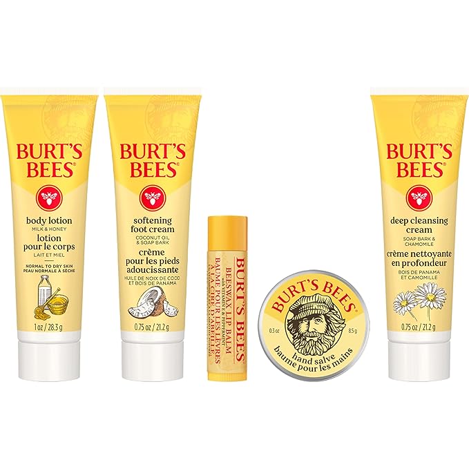Burt's Bees Christmas Gifts - Essentials Everyday Set, 5 Travel Size Products for Stocking Stuffers - Deep Cleansing Cream, Hand Salve, Body Lotion, Foot Cream and Original Lip Balm