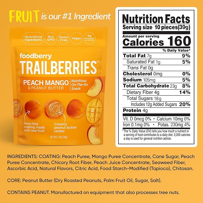 Foodberry Peach Mango & Peanut Butter Trailberries, Nutritious Snack, Delicious Bites of Creamy Peanut Butter Coated in Real Fruit (Like Softer Fruit Leather), 4g Protein, 4g Fiber, Pack of 6