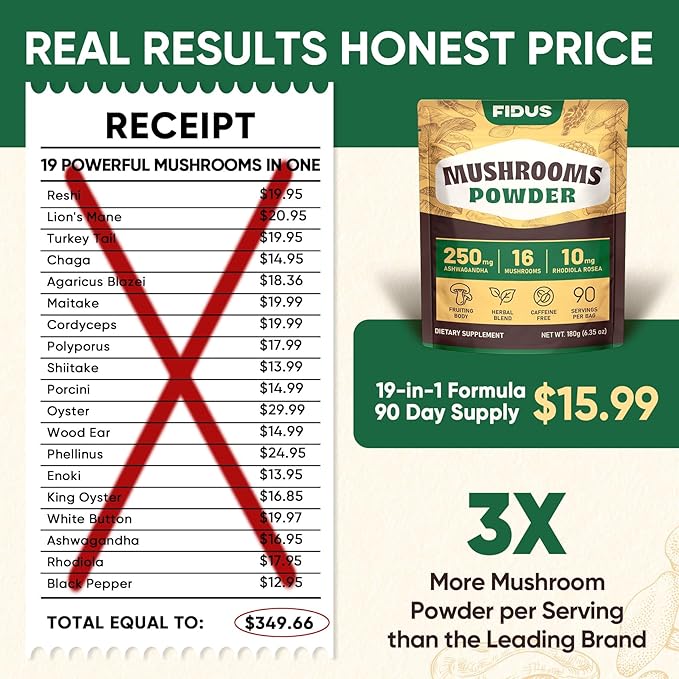 Fidus 16 Mushroom Supplement Powder with 17,300mg, 90 Day Servings Mushroom Coffee Alternative for Immunity, Focus & Energy with Ashwagandha, Lion's Mane, Chaga and Reishi, 100% Fruiting Bodies