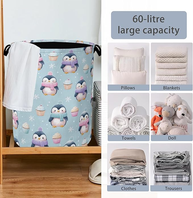 Cute Penguin Laundry Basket,Snowflake Cake Foldable Oxford Cloth Tote Bag Laundry Hamper Clothes Storage Bucket Organizer for Bedroom Laundry Storage Dormitories 16" x 20.8"