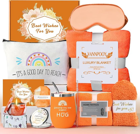 Best Friend Birthday Gifts for Women Friendship, Get Well Soon Gift Basket, Spa Self Care Package Kit, Feel Better Gift Set, Anniversary Retirement Thinking of You Gift Box for Mom Sister Wife, Orange