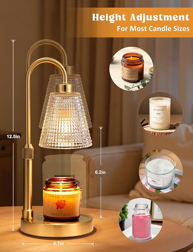 Innqoo Gold Candle Warmer Lamp with Timer, Dimmable Candle Warmer for Jar Candles, Height Adjustable Wax Melts Warmer, Birthday Gifts for Women Mom, House Warming Gifts New Home Decor