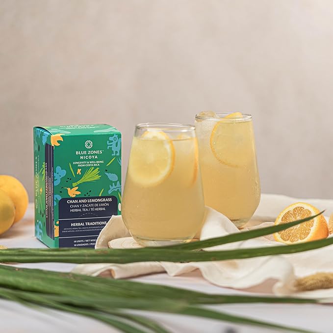Blue Zones Nicoya - Chan & Lemon Grass Flavored Tea Bags - 100% Natural, Organic, and Refreshing - High Micronutrients - Gluten, Caffeine, Sugar-Free - Pack of 18 (1.59 oz/ 45 g)