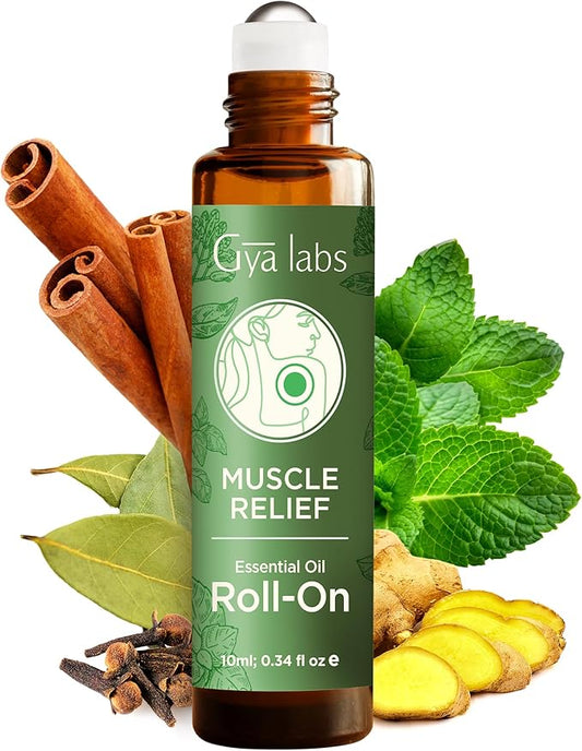 Gya Labs Muscle Relief Essential Oil Roll On - 0.34 Fl Oz - Travel Size Roller for Camping, Skin, Aromatherapy Relief, Convenience