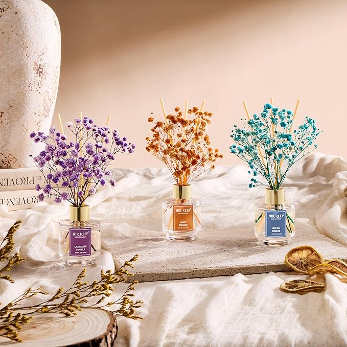 Airkeep Reed Diffuser Set of 3, Ocean Breeze Sweet Orange Cashmere Vanilla Oil Reed Diffusers for Bedroom Living Room Office Aromatherapy Oil Reed Diffuser for Gift 50ml x 3