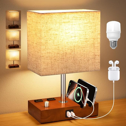 Kakanuo Fully Dimmable Nightstand Lamp for Bedroom with USB C Ports, Small Bedside Table Lamp with Charging Outlets and Phone Stands, Vintage Wooden Desk Lamp for Living Room, LED Bulb Included