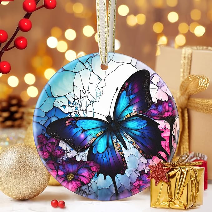 Butterfly Ceramic Hanging Ornament - 3.5 Inch, Butterfly Ornaments for Christmas Tree, Gifts for Holiday Present Exchange