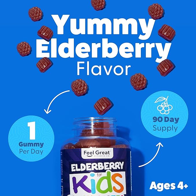 Feel Great Vitamin Co. Elderberry Gummies for Kids | Immune Support | Natural Antioxidant Immune Booster | with Vitamin C and Zinc | Gluten Free & Vegetarian | 90 Gummies