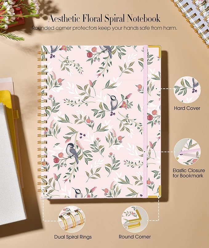 Cute Spiral Notebook Journal for Women, 160 Pages Lined Notebooks 5.75” x 8.38”, A5 Hardcover Spiral Journals with 100 GSM Thick Paper, College Ruled Notebook for Writing Work School, Woodland Floral