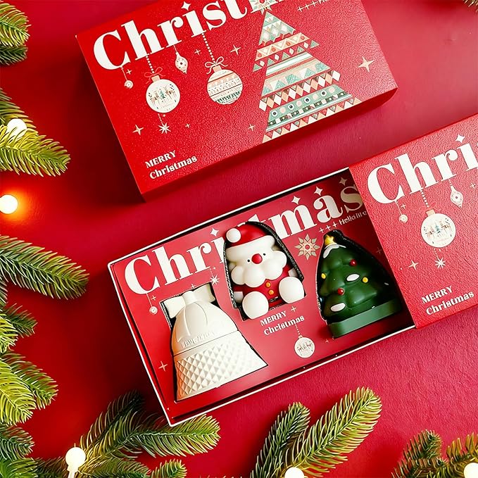 Christmas Candles, Handmade Christmas Aromatherapy Candle Gift Set-3 Piece Set with Santa Claus,Christmas Tree & Bell Shaped Candles, Ideal Holiday Gift for Family, Friends