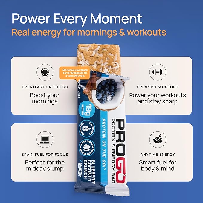 ProGo Protein Bars, Low Sugar, High Protein Snacks (19g) - 95% Pure Isolate for Faster Muscle Growth & Recovery, Low Calorie, Sweetened w/Peanut Butter & Raw Honey (20-Count, Blueberry Crunch)