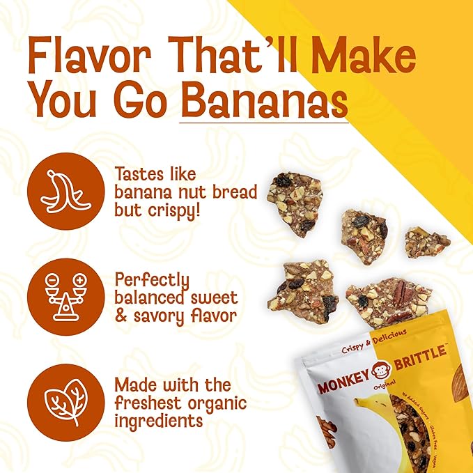 Monkey Brittle Healthy Snacks, Crispy Plant-Based Treats for Kids & Adults, Vegan & Gluten-Free, All-Natural Snack for School, Sports, Camping & On-the-Go (Pack of 3) Strawberry Banana Crunch