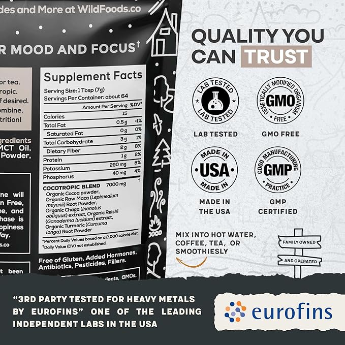 Wild Cocotropic Organic Mushroom Cocoa Mix - Healthy Vegan Hot Chocolate Mix - Organic Cacao Powder, Reishi, Chaga, Maca, Turmeric - 3rd Party Tested - Sugar Free - Keto & Paleo - (2 packs of 16oz)