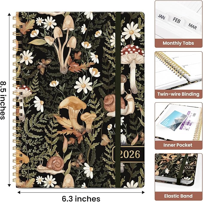 2026 Planner, Monthly and Weekly Calendar Planner for Women, January 2026 - December 2026, Hardcover Pretty 2026 Agenda Planner Book with Tabs, Spiral Bound, Perfect for School Office Home Supplies, 6.3" x 8.5" - Mushroom
