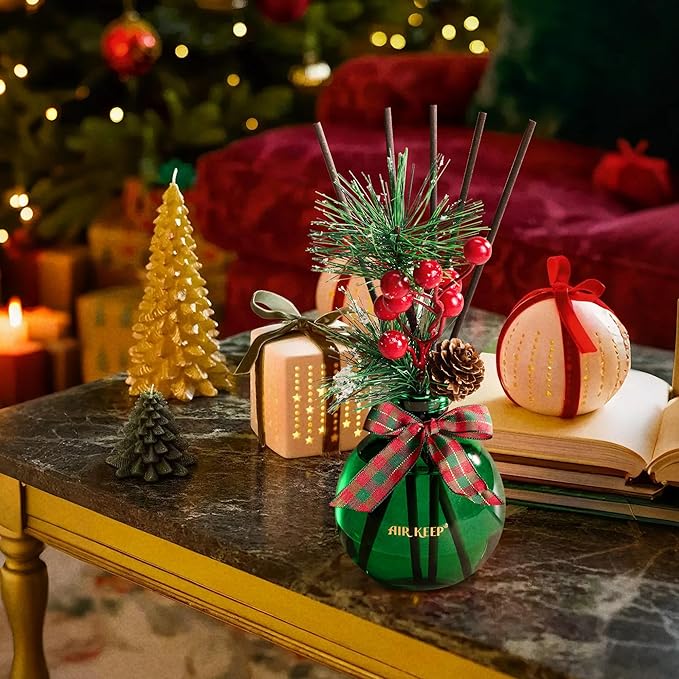 Airkeep Flower Reed Diffusers Set, 5.07 oz Christmas Balsam & Cedar Scented Diffuser with 8 Sticks, Long Lasting Home Fragrance for Long Days, Perfect for Bathroom, Shelf Decor, Air Fresheners