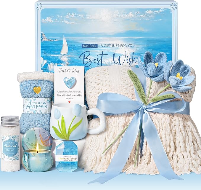 Birthday Gifts for Women Self Care Set Get Well Soon Gift Baskets, Relaxing Bluebell Spa Gift Basket Care Package for Women, Unique Christmas Mom Gifts for Her Girlfriend Sister Friend Wife Grandma