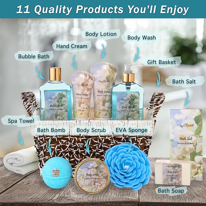 Spa Baskets For Women - Luxury Bath Set With Jasmine & Lavender - Spa Kit Includes Wash, Bubble Bath, Lotion, Bath Salts, Body Scrub, Hand Cream, Shower Puff, Bathbombs, Soap and Towel