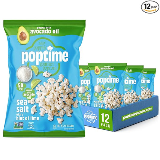 Poptime Popcorn Bags – Sea Salt Popcorn With a Hint of Lime, Healthy Snack Popped With Heart-Healthy Avocado Oil, Crunchy, Zesty, Gluten Free, Vegan, Low Calorie, Non-GMO, Kosher - 4.5 oz - Pack 12