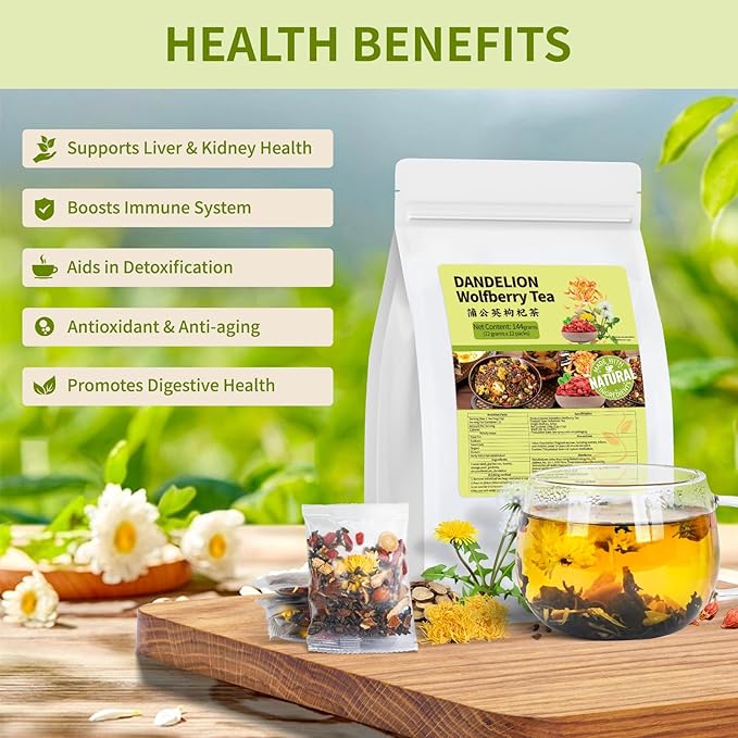 Dandelion Wolfberry Tea Bags, Natural Kidneys & Liver Health Tea with Dandelion, Chrysanthemum, Wolfberry, Cassia Seed, Licorice, Orange Peel, Gardenia, Dandelion Root Tea Organic(1 Pack/12 Bags)