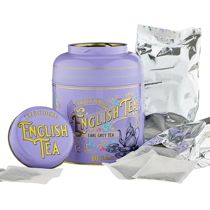 New English Teas VIntage Victorian Tea Caddy with 80 Earl Grey Teabags – Lilac – Forget Me Not Florals & Classic Tea Set Design