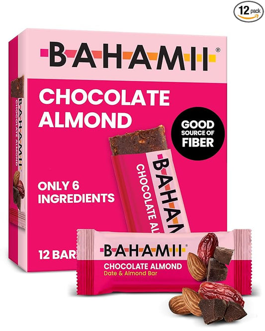 Bahamii Snack Bars, Made with Dates & Nuts, Healthy Snacks, Gluten Free, Good Source of Fiber, Only 6 Ingredients, For Kids & Adults, No Added Sugar, Vegan, 12 Pack, Chocolate Almond