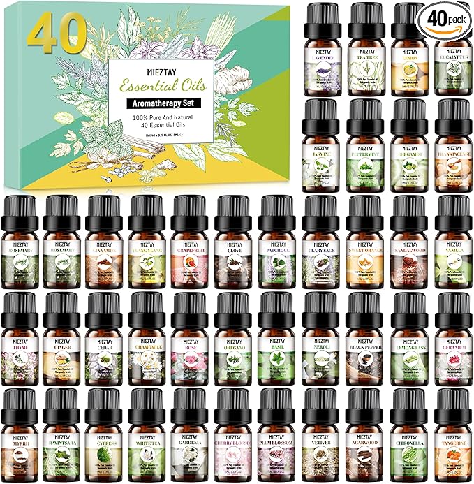 Essential Oils Set - 40 Pcs Premium Essential Oil Kit for Candle Making, Diffusers, Massages, Aromatherapy, Skin Care - Lavender, Eucalyptus, Peppermint, Tea Tree, Sandalwood Aromatherapy Oils