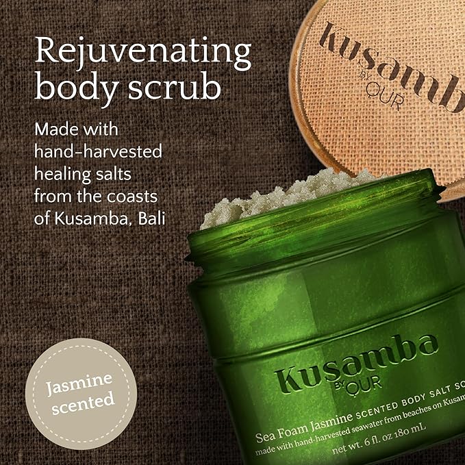 SeaFoam Jasmine Exfoliating Body Scrub 6oz, Gentle Shower Scrub with Kusamba Salt, Coconut & Olive Oil for Soft, Radiant, Daily Nourished Skin, Salt, Kusamba by QUR