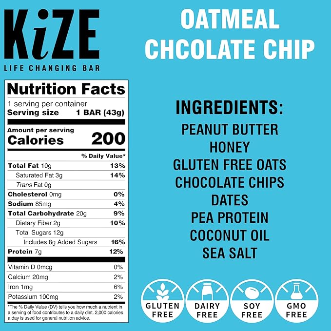 KiZE Energy Bars - Oatmeal Chocolate Chip - Gluten Free, Dairy Free, Non-GMO, and High Protein Meal Replacement Energy Bars, Clean and Simple Food Ingredients - 7g High Protein Snacks, (10 Count)