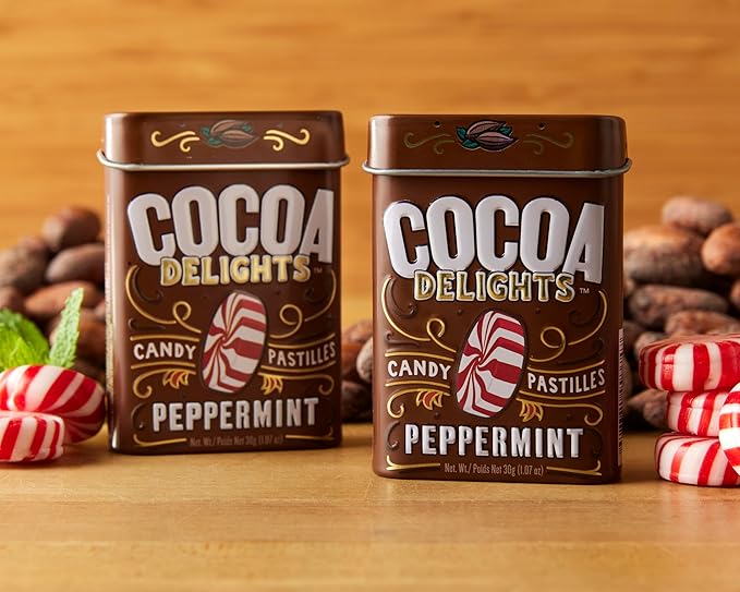 Cocoa Delights Chocolate Peppermint Mint Candy | Natural Ingredients, No Artificial Colors or Flavors | Kosher Certified, Vegan, Gluten Free | Aspartame & Xylitol Free | 30 Count Tin (Pack of 12)