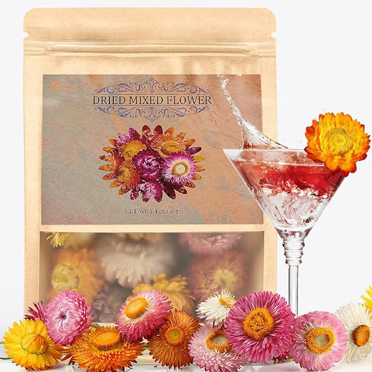 50+ Food Grade Dried Flowers for Cocktails Toppers, Colorful Strawflowers for Cake and Cupcake Decoration, 100% Natural Floral Blend for Drinks, Desserts and Tea Infusions
