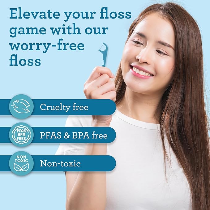 GuruNanda Quad Clean Floss Picks 4-in-1 with Tongue Scraper, Interdental Pik & Toothpick, Non-Shred Dyneema Thread, with Xylitol & Baking Soda, 300 ct