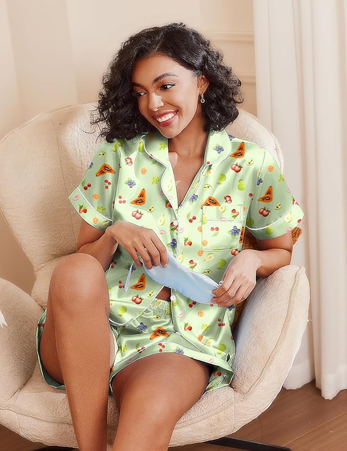 Ekouaer Silk Pajamas for Women Short Sleeve Sleepwear Soft Button Down Loungewear 2 Piece Satin Pjs Shorts Set S-XXL