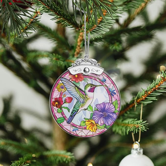 Christmas Tree Ornaments 3 Inch Clear Glass Blanks Round Print Ornament Christmas Hanging Decorative with Silver Ribbon (Bird)