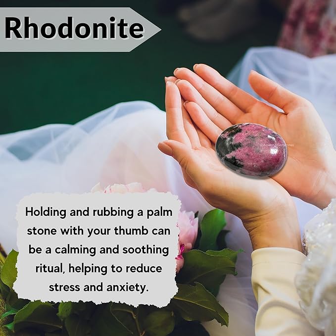 Amazing Gemstone Rhodonite Palm Stone - Hot Massage Worry Stone for Natural Body Chakra Balancing, Reiki Healing and Crystal Grid